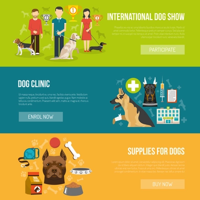 Dog horizontal banner set with vet clinic and pet supplies elements isolated vector illustration