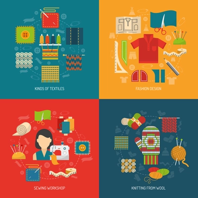Textile design concept set with sewing knitting and dressmaking flat icons isolated vector illustration