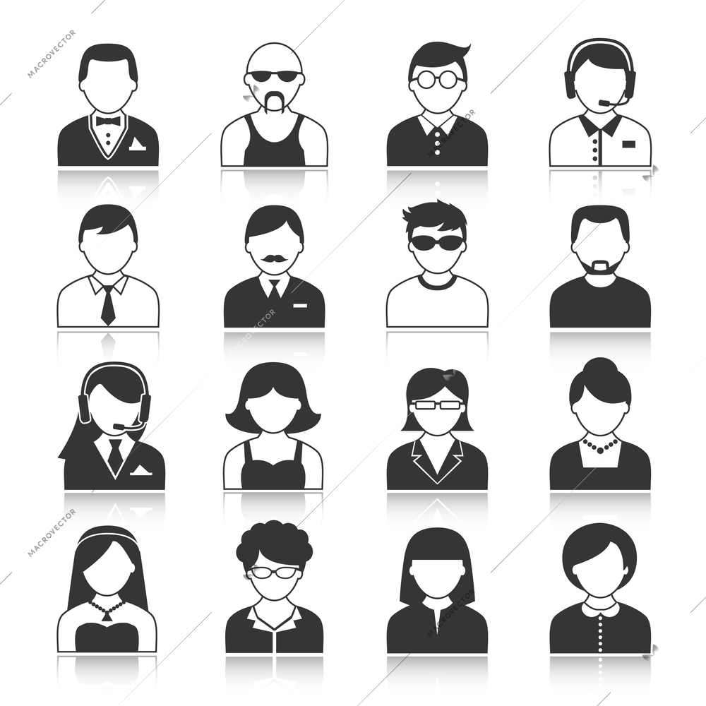 Avatar icons users head black silhouette portrait isolated vector illustration