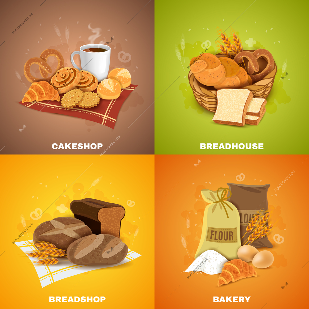 Bakery shop for best quality bread and pastry 4 flat icons square composition banner abstract vector illustration