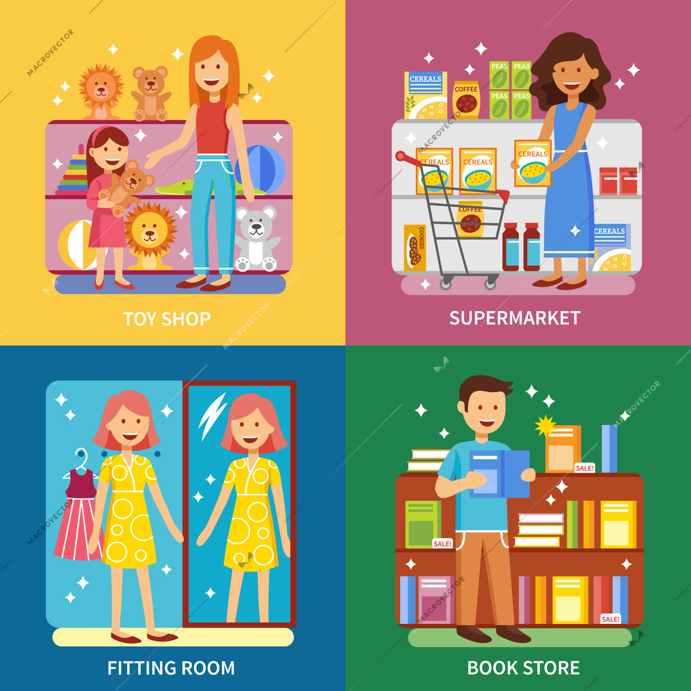 Shopping concept 4 flat icons square with books and toys departments and fitting room abstract isolated vector illustration