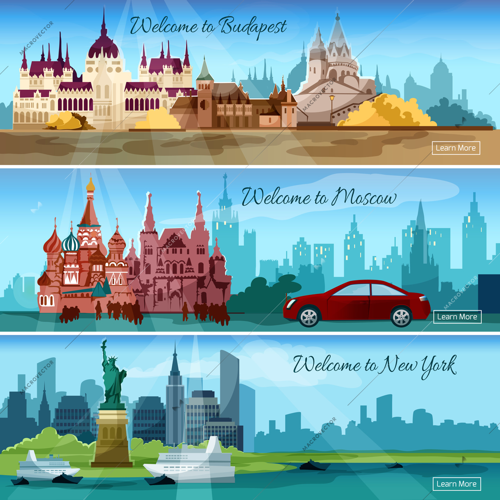 Famous cities horizontal banners set with budapest and moscow tourist buildings isolated vector illustration