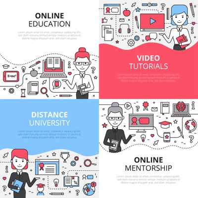 Online education design concept set with video tutorials distance university and online mentorship icons composition flat vector illustration