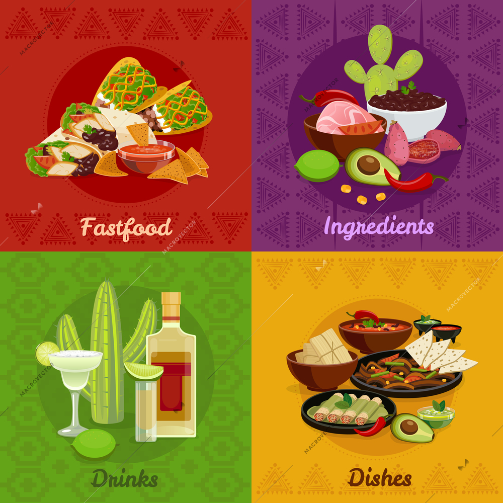 Mexican native food spicy dishes snacks and drinks 4 flat icons square composition banner isolated vector illustration