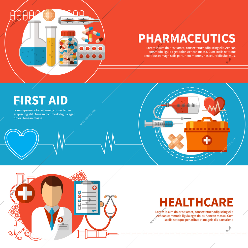 Horizontal Medical Banners with drugs first aid tools and healthcare vector illustration