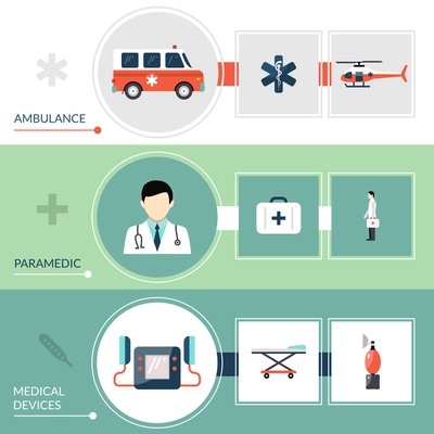 Emergency paramedic horizontal banners set with first aid symbols flat isolated vector illustration
