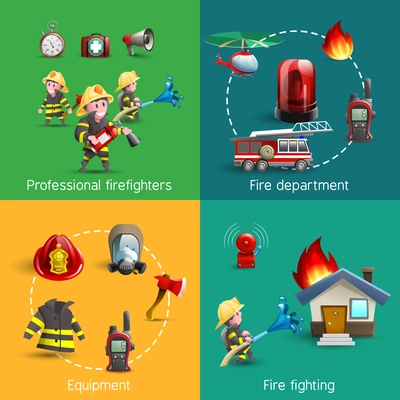 Fire fighters department service uniform and accessories 4 cartoon icons square composition banner abstract isolated vector illustration