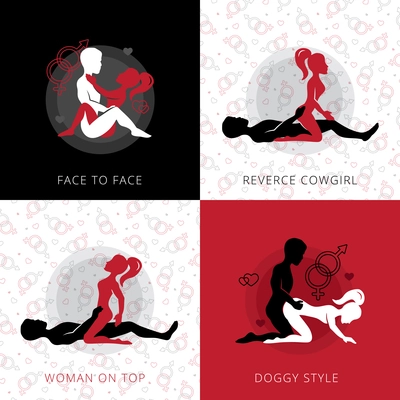 Kama sutra love position square design concept set of reverse cowgirl face to face woman on top and doggy style flat vector illustration