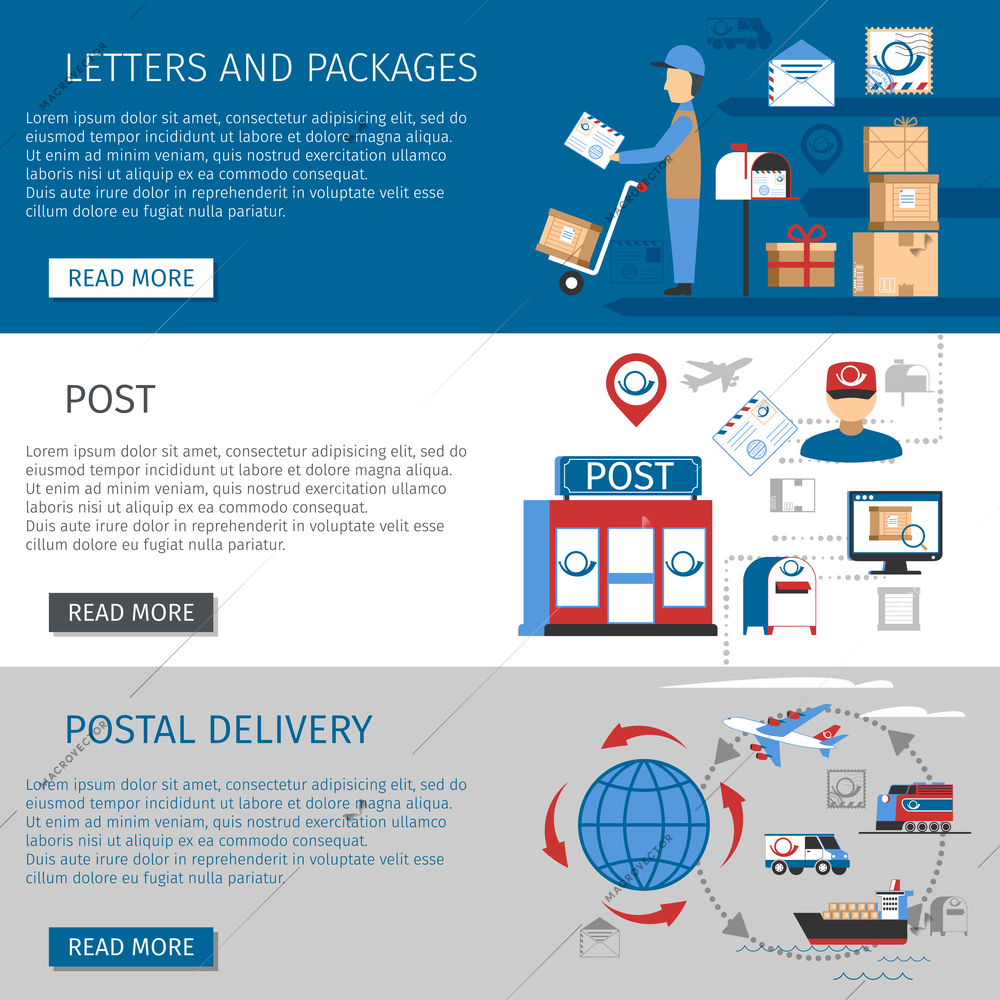 Post horizontal banners set with letters and packages delivery symbols flat isolated vector illustration
