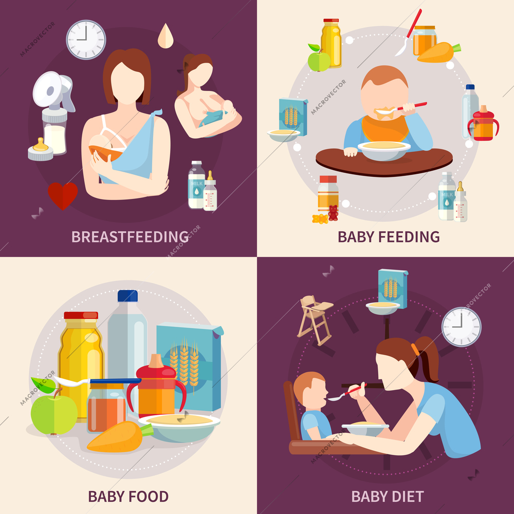 Healthy food choice for babies and toddlers 4 flat icons square composition banner abstract isolated vector illustration