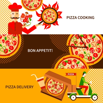 Online and phone orders italian pizza delivery service 3 flat horizontal banners poster abstract isolated vector illustration