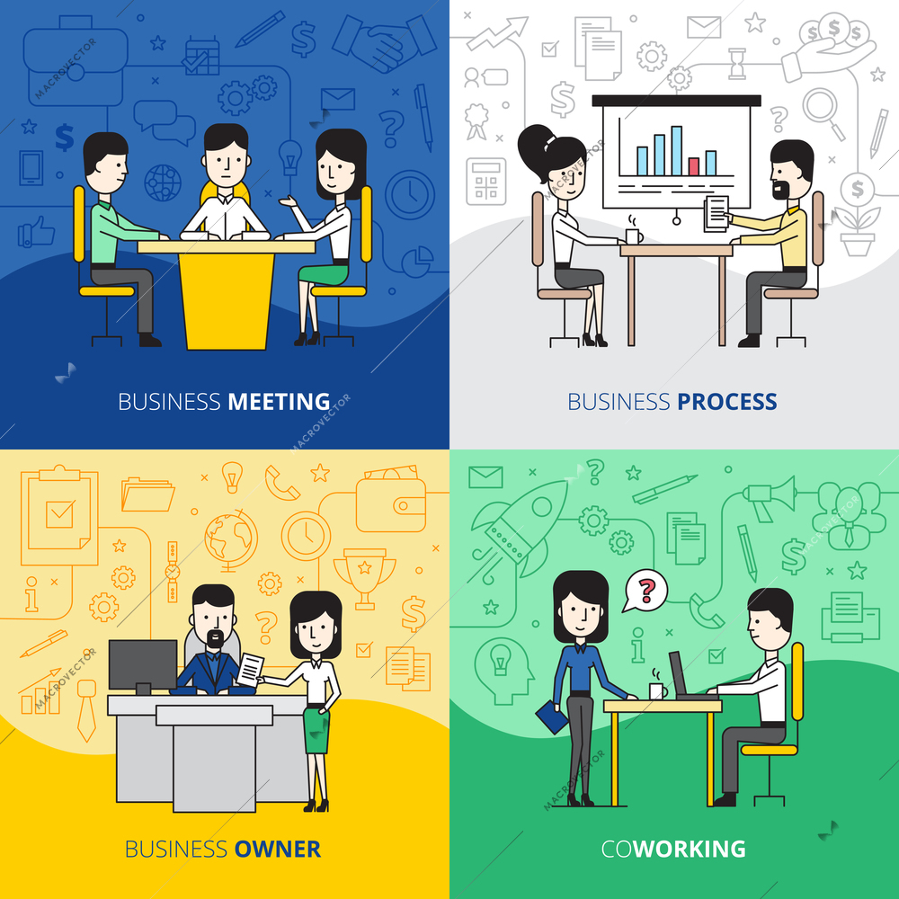 Business people in office interior square design concept  with meeting and working employees flat vector illustration