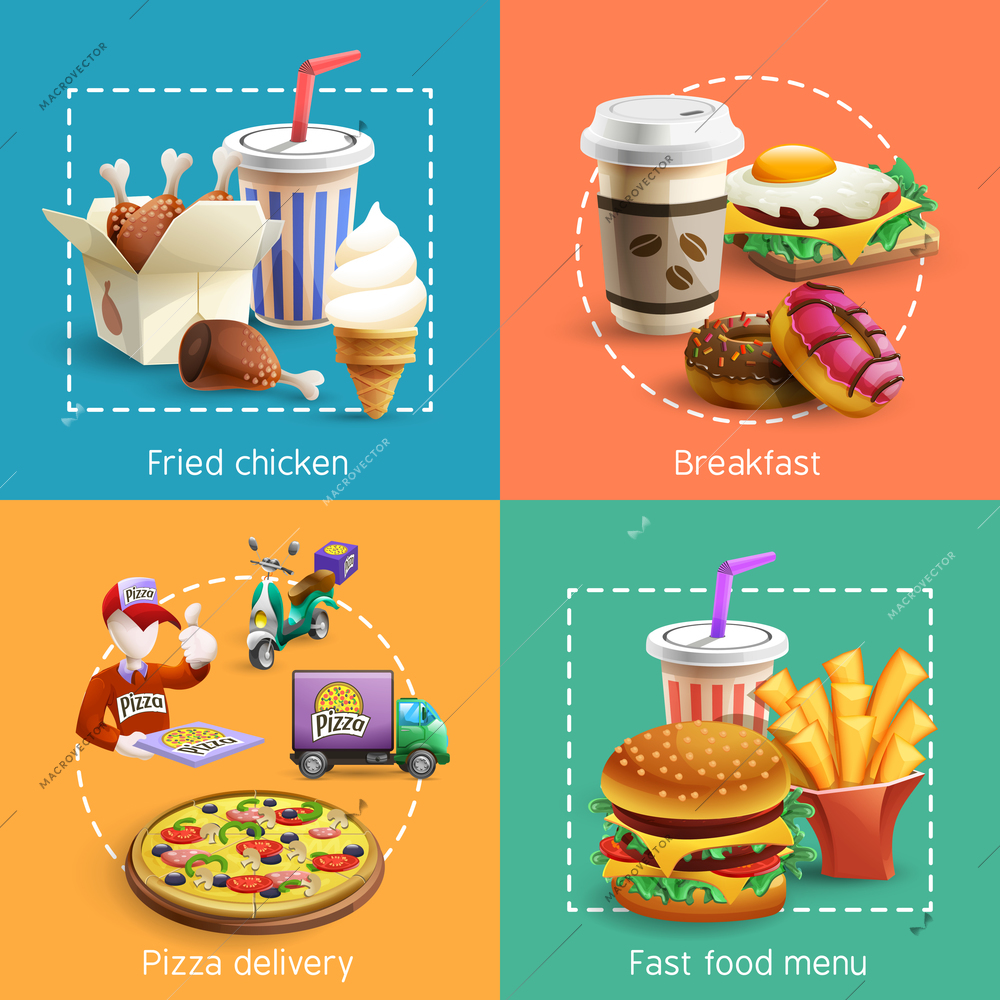 Fast food restaurant breakfast menu with pizza delivery service 4  icons square composition banner cartoon vector illustration