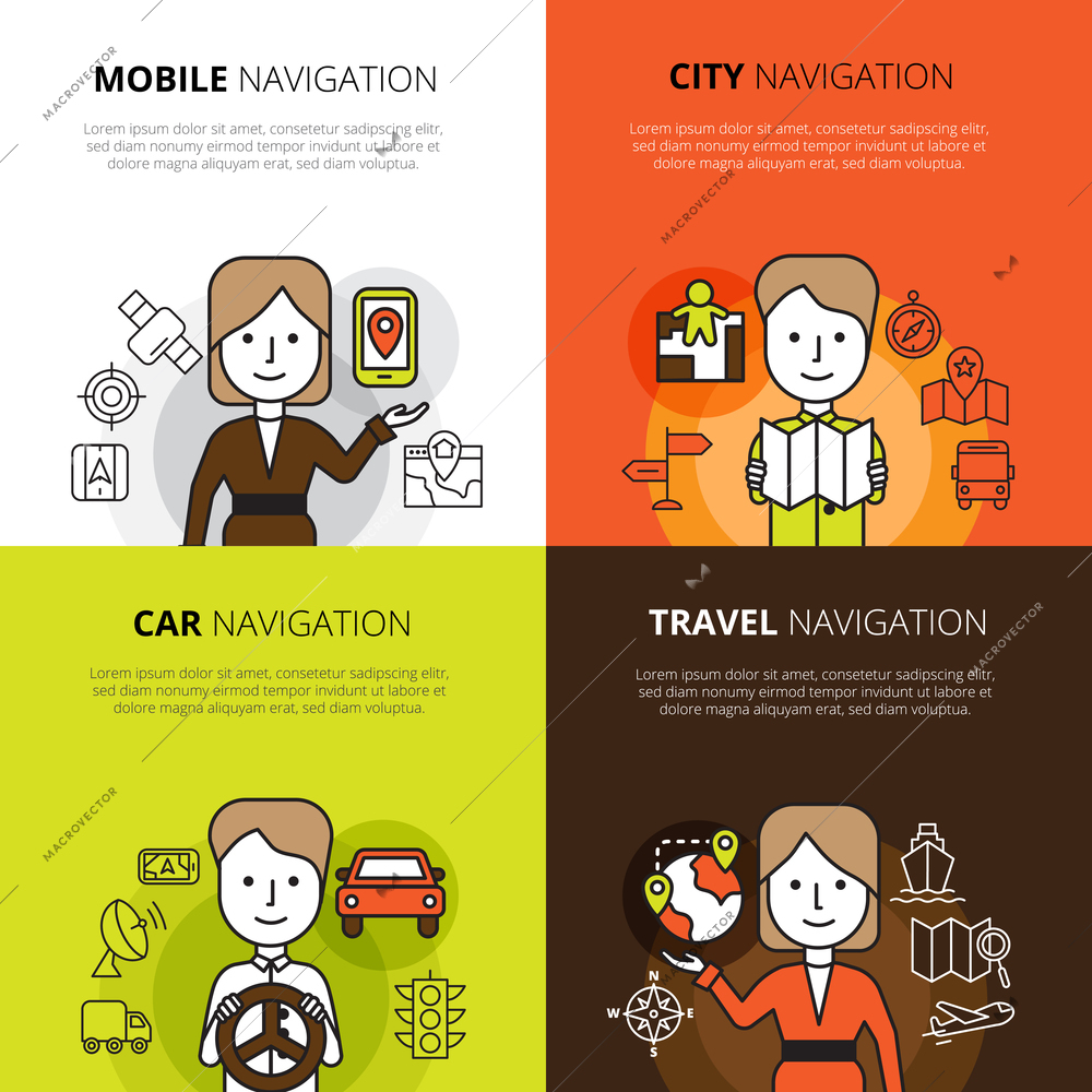 Flat color design concept set of mobile car travel and city navigation in cartoon style vector illustration