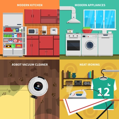 Household appliances concept icons set with modern kitchen and neat ironing symbols flat isolated vector illustration