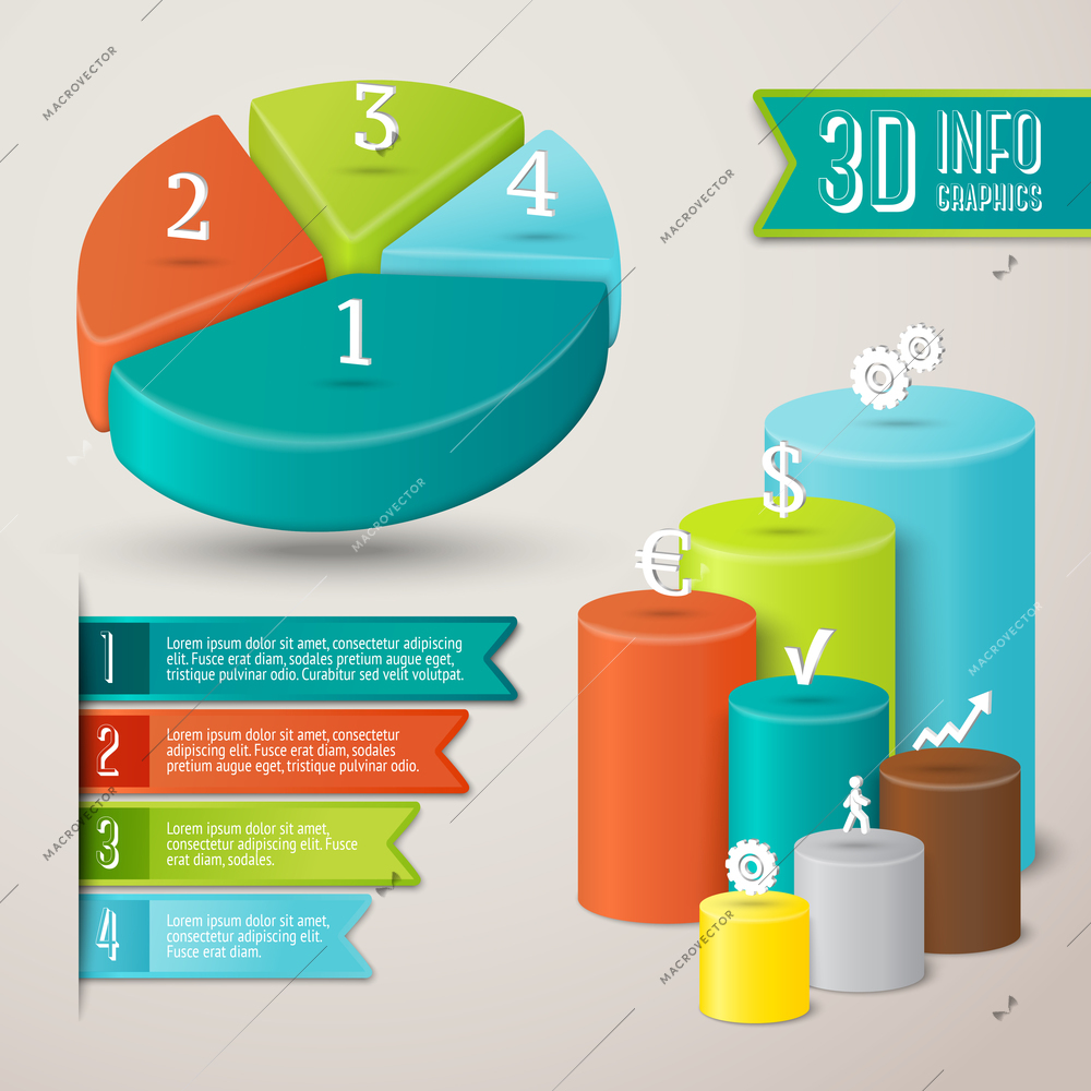 Abstract 3d infographics layout template with pie and bar charts vector illustration