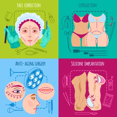 Plastic surgery design concept set with face and body correction icons isolated vector illustration