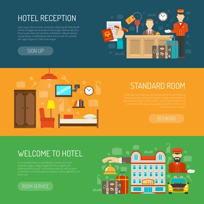 Hotel horizontal banner set with flat tourism elements isolated vector illustration