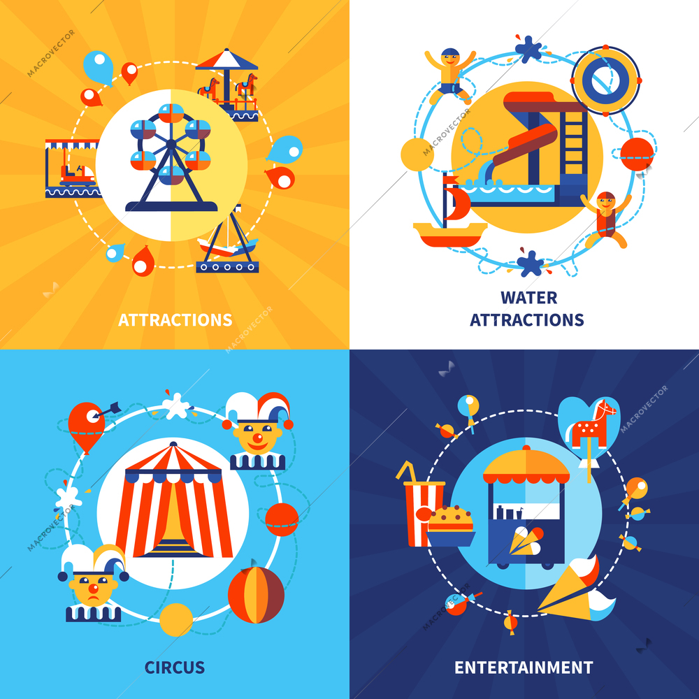 Amusement park fairground attractions and traveling circus show 4 flat icons square composition poster isolated vector illustration