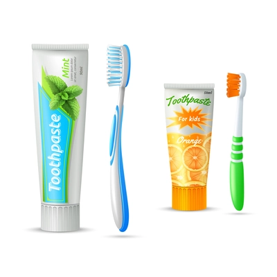 Design icons set of toothpaste tubes and toothbrushs for kids and adults isolated vector illustration