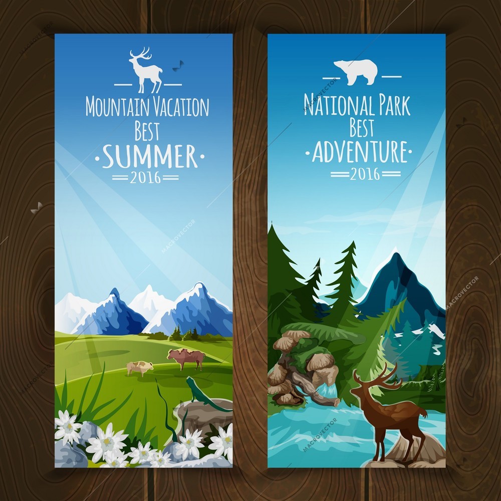 Landscape vertical banner set with national park mountain range isolated vector illustration