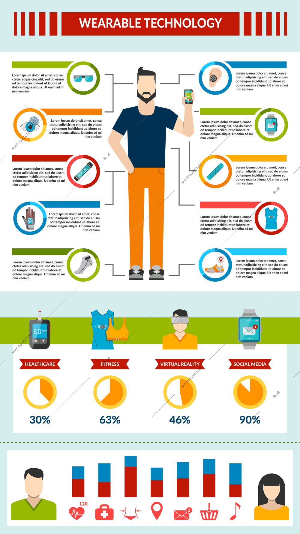 Wearable technology infographic with smart accessory fitness healthcare virtual reality social media vector illustration