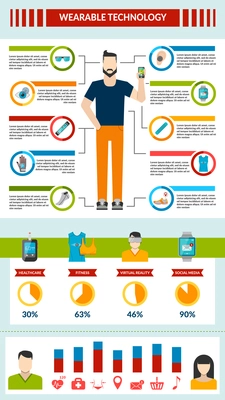 Wearable technology infographic with smart accessory fitness healthcare virtual reality social media vector illustration