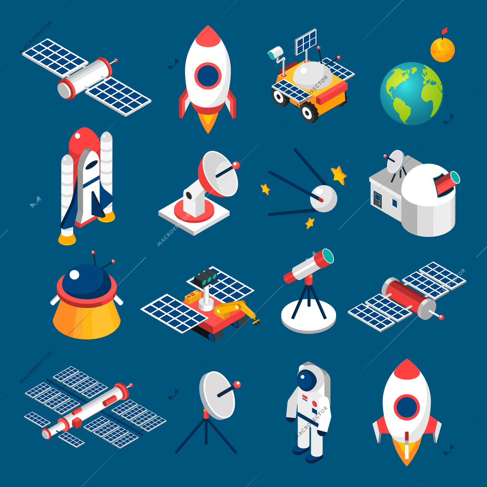 Isolated isometric icons with dark background  about space equipment vector illustration