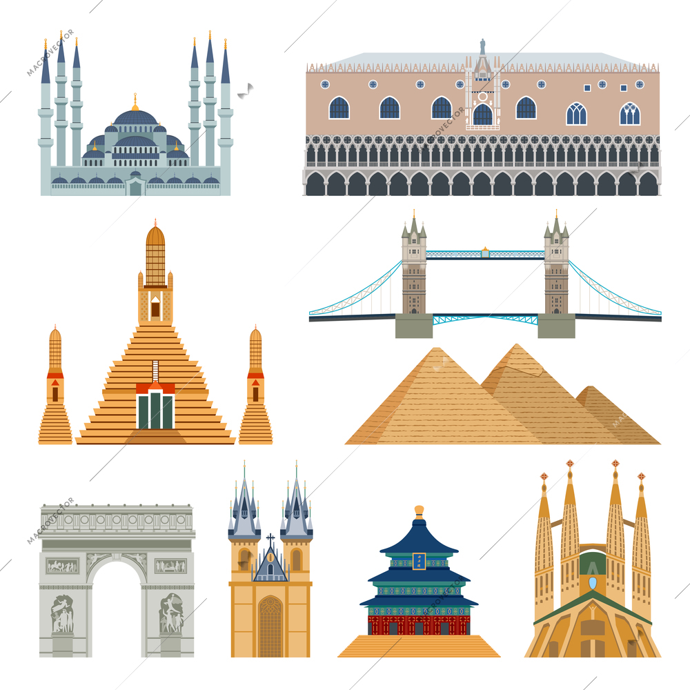 World famous landmarks and monuments flat icons set isolated vector illustration