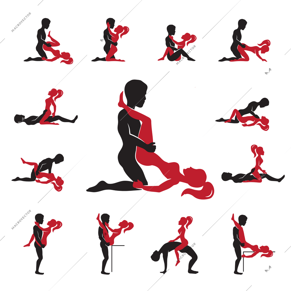 Kama sutra love positions red black icons set flat isolated vector illustration