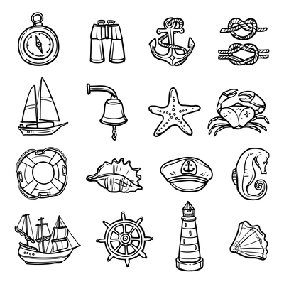 Nautical black white icons set with anchor compass and seashells flat isolated vector illustration