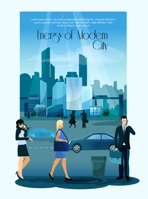 Modern cityscape poster with city people and skyscrapers on background vector illustration