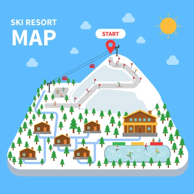 Ski resort decorative map with ski route and skating rink vector illustration