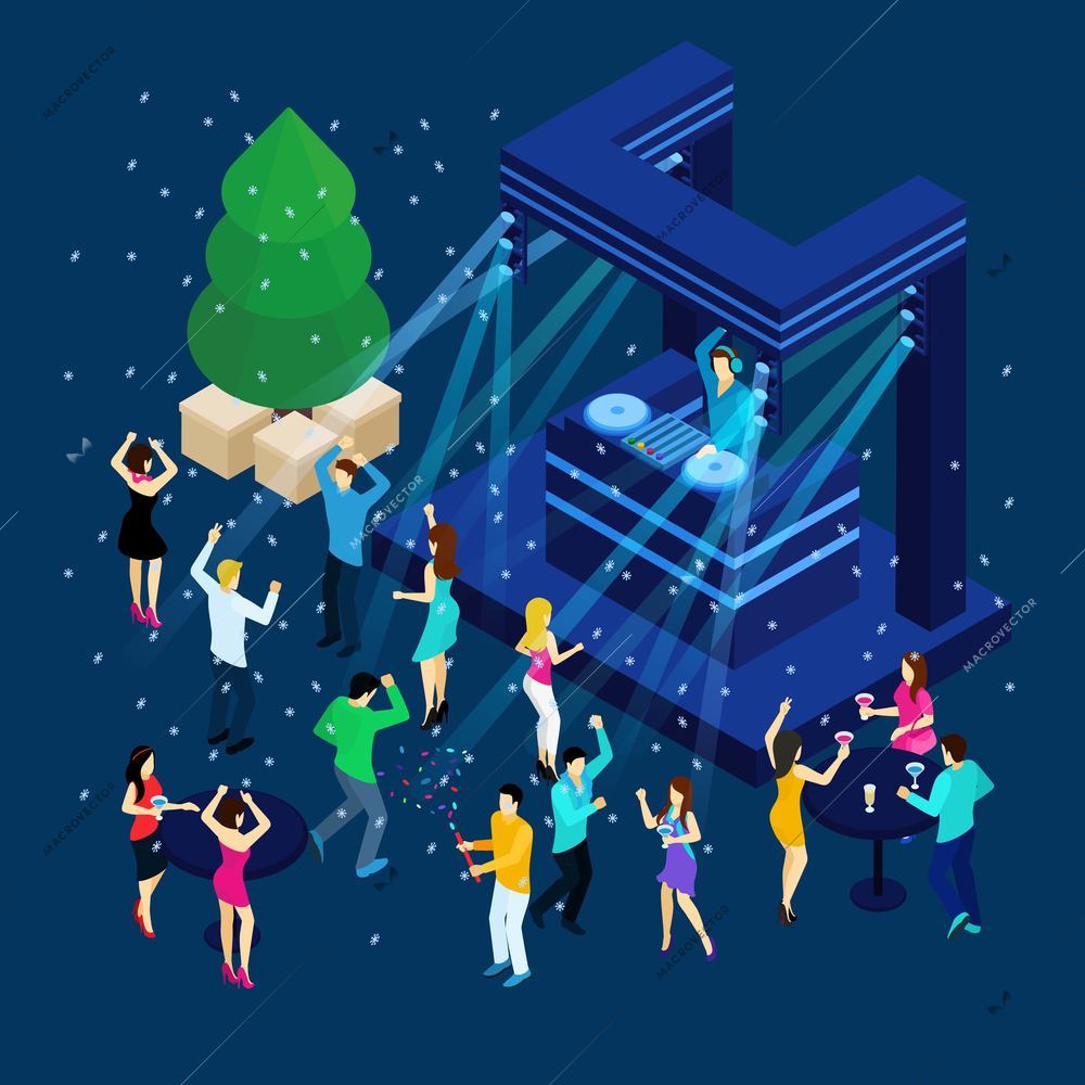 People dancing and celebrating New Year on blue background isometric vector illustration