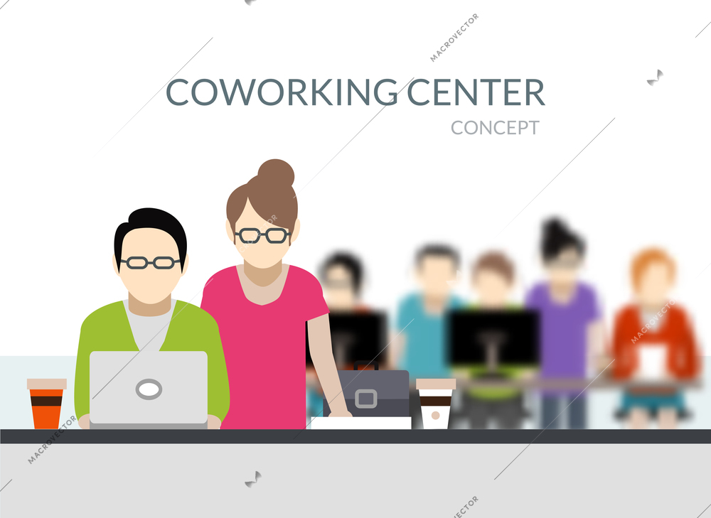 Coworking center composition with young people silhouettes working flat vector illustration