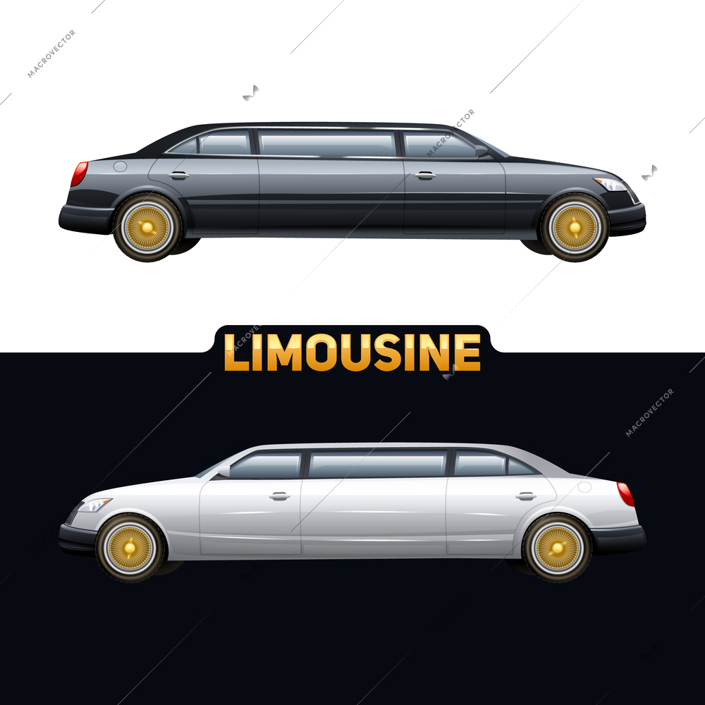 Luxury limousines rental business two flat banners  advertisement with white and black automobile pictures abstract vector illustration