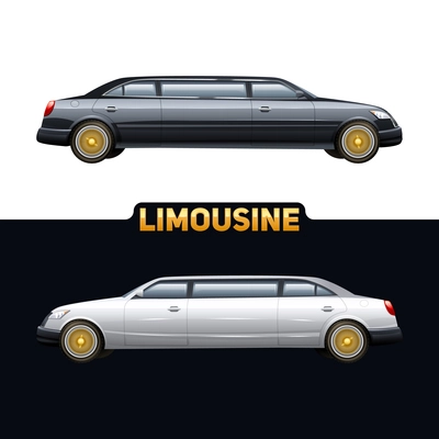 Luxury limousines rental business two flat banners  advertisement with white and black automobile pictures abstract vector illustration