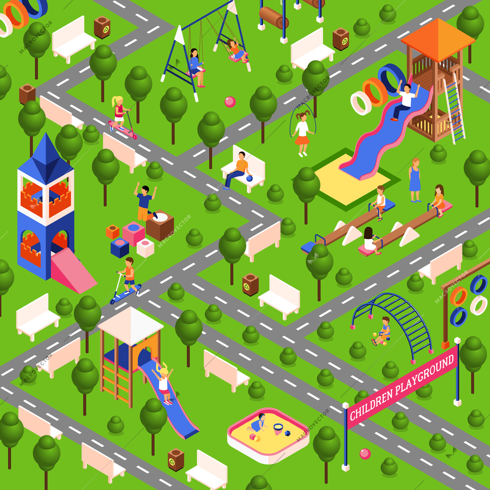 Children playground illustration with isometric park equipment vector illustration