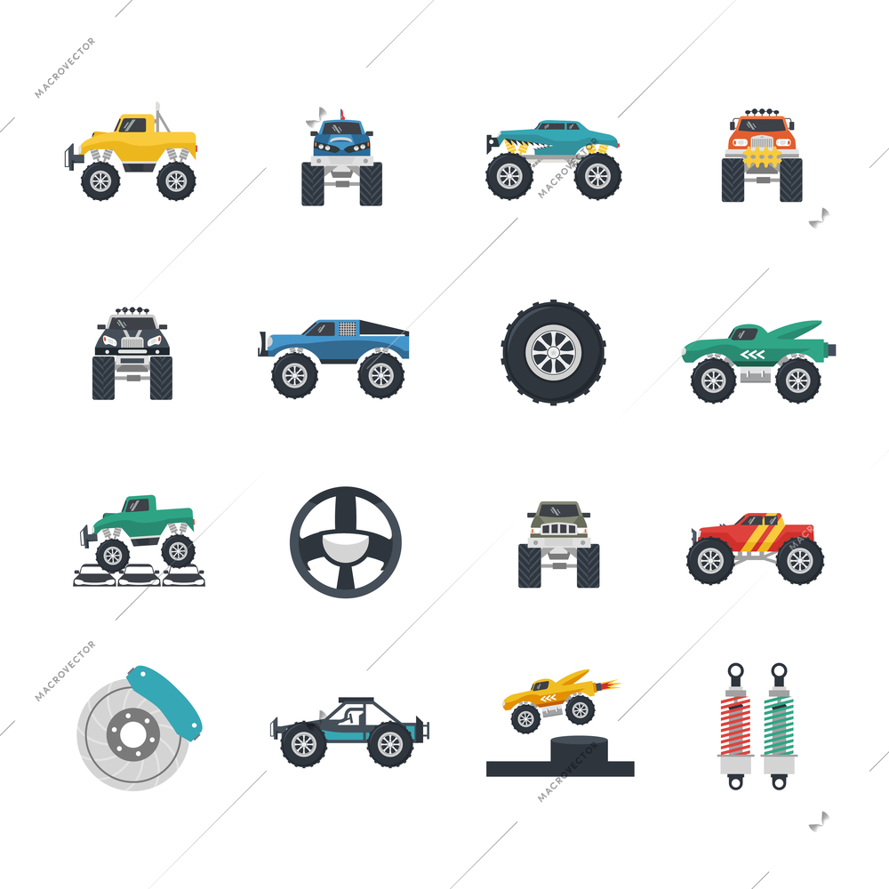 Monster truck and heavy vehicles flat icons set isolated vector illustration