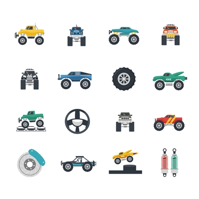 Monster truck and heavy vehicles flat icons set isolated vector illustration