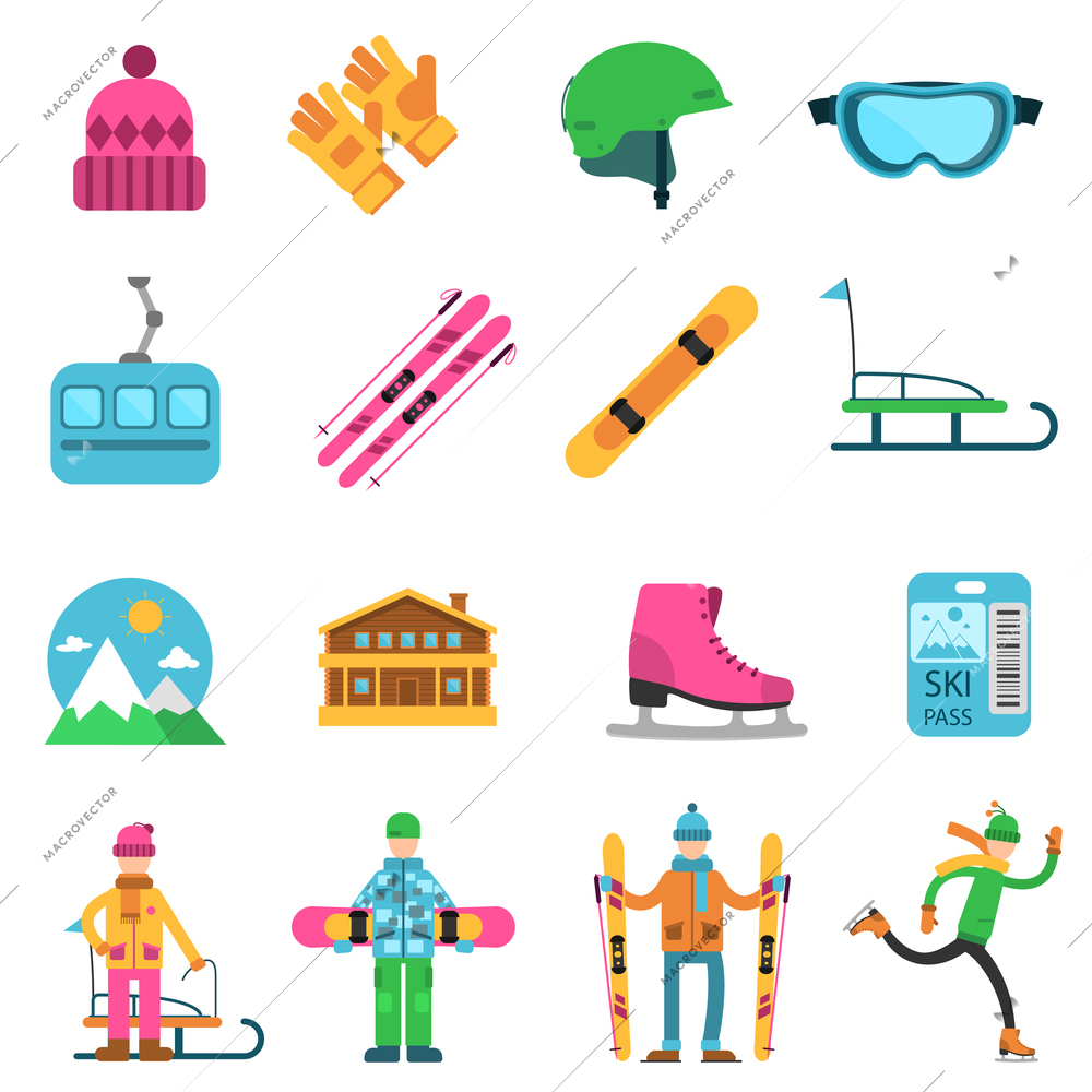 Winter sport flat icons set with ski skate and snowboard equipment isolated vector illustration