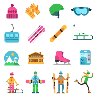 Winter sport flat icons set with ski skate and snowboard equipment isolated vector illustration