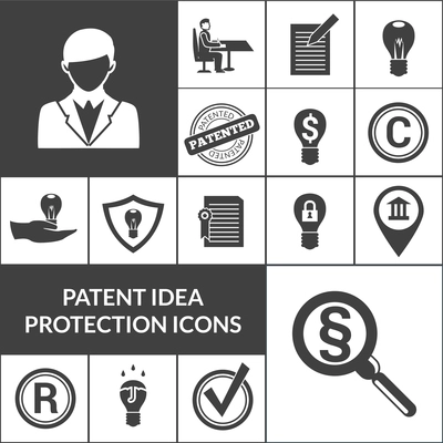 Patent idea protection and intellectual property icons black isolated vector illustration