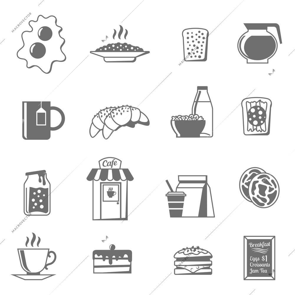 Breakfast black white icons set with croissants tea and jam flat isolated vector illustration