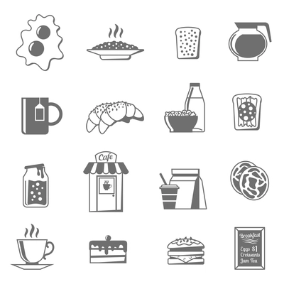 Breakfast black white icons set with croissants tea and jam flat isolated vector illustration