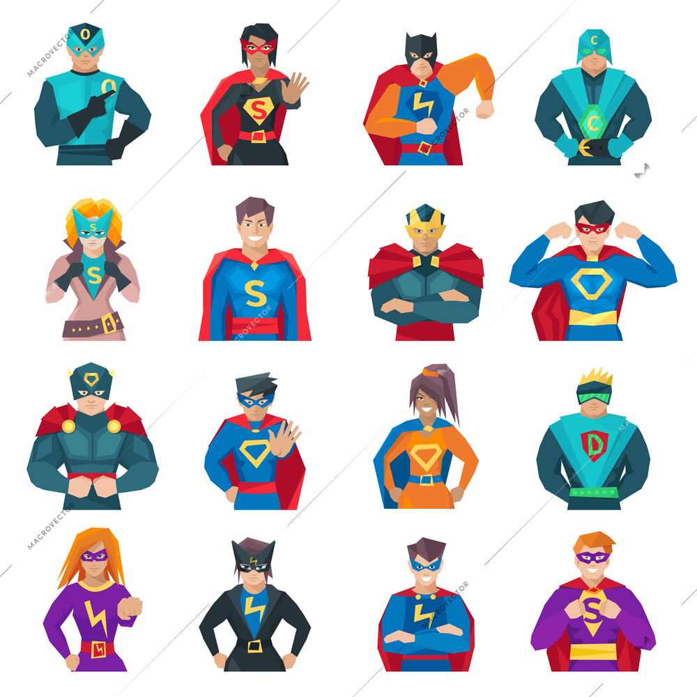 Superhero icons set with strong men and women flat isolated vector illustration