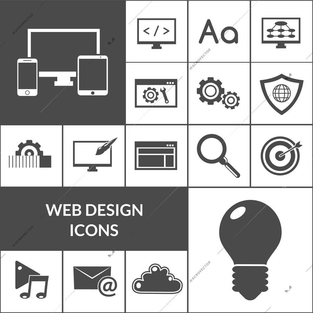 Web design and website interface development icons black set isolated vector illustration