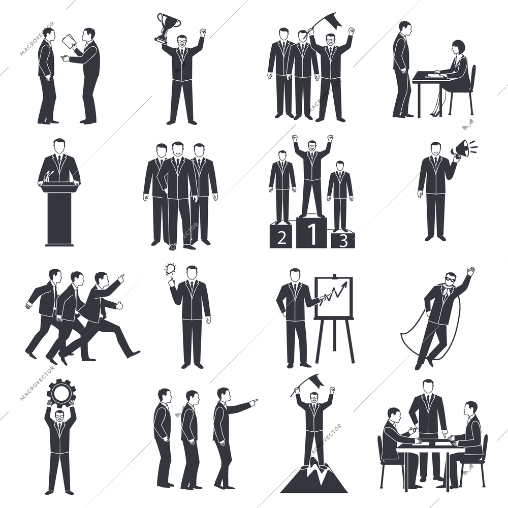 Leadership black white icons set with success and business symbols flat isolated vector illustration