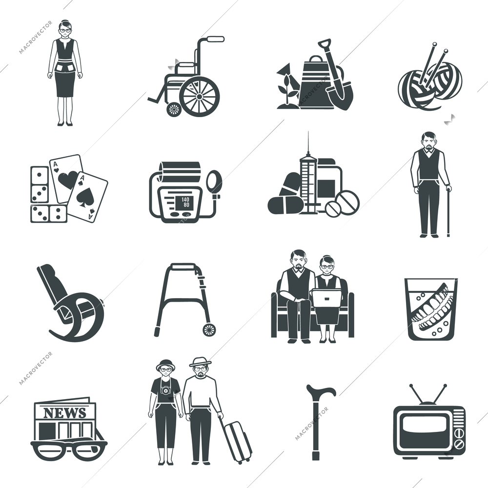 Pensioners life black white icons set with health and care symbols flat isolated vector illustration