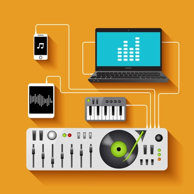 Dj workspace with audio equipment and music technologies vector illustration